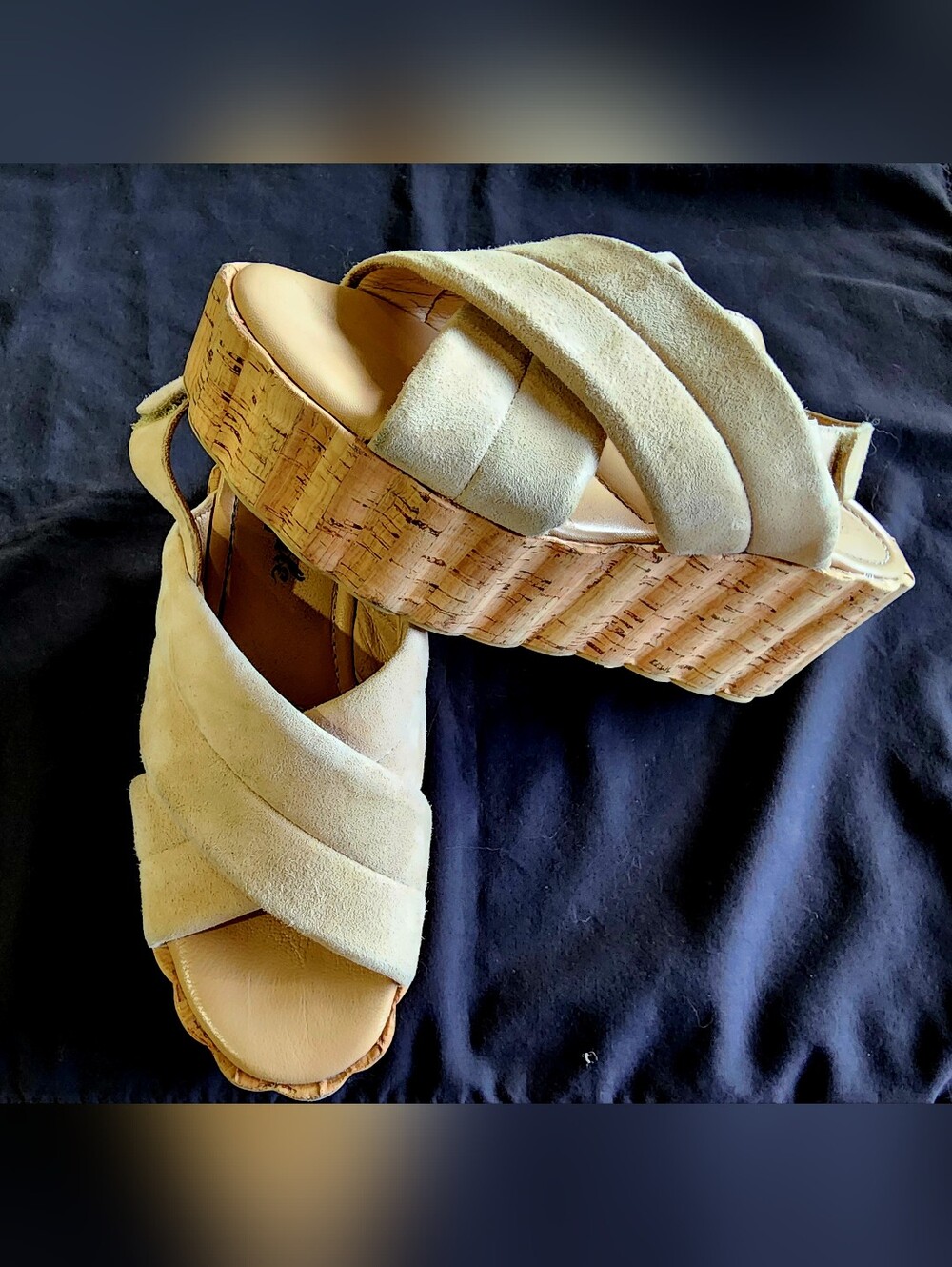 FREE PEOPLE | Beige Suede Crisscross Cork Platform Sandals | Size US Womens 8.5 - Picture 2 of 9